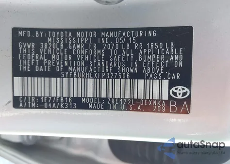 2015 Toyota Corolla Le Plus from USA, damaged, VIN 5YFBURHEXFP327506